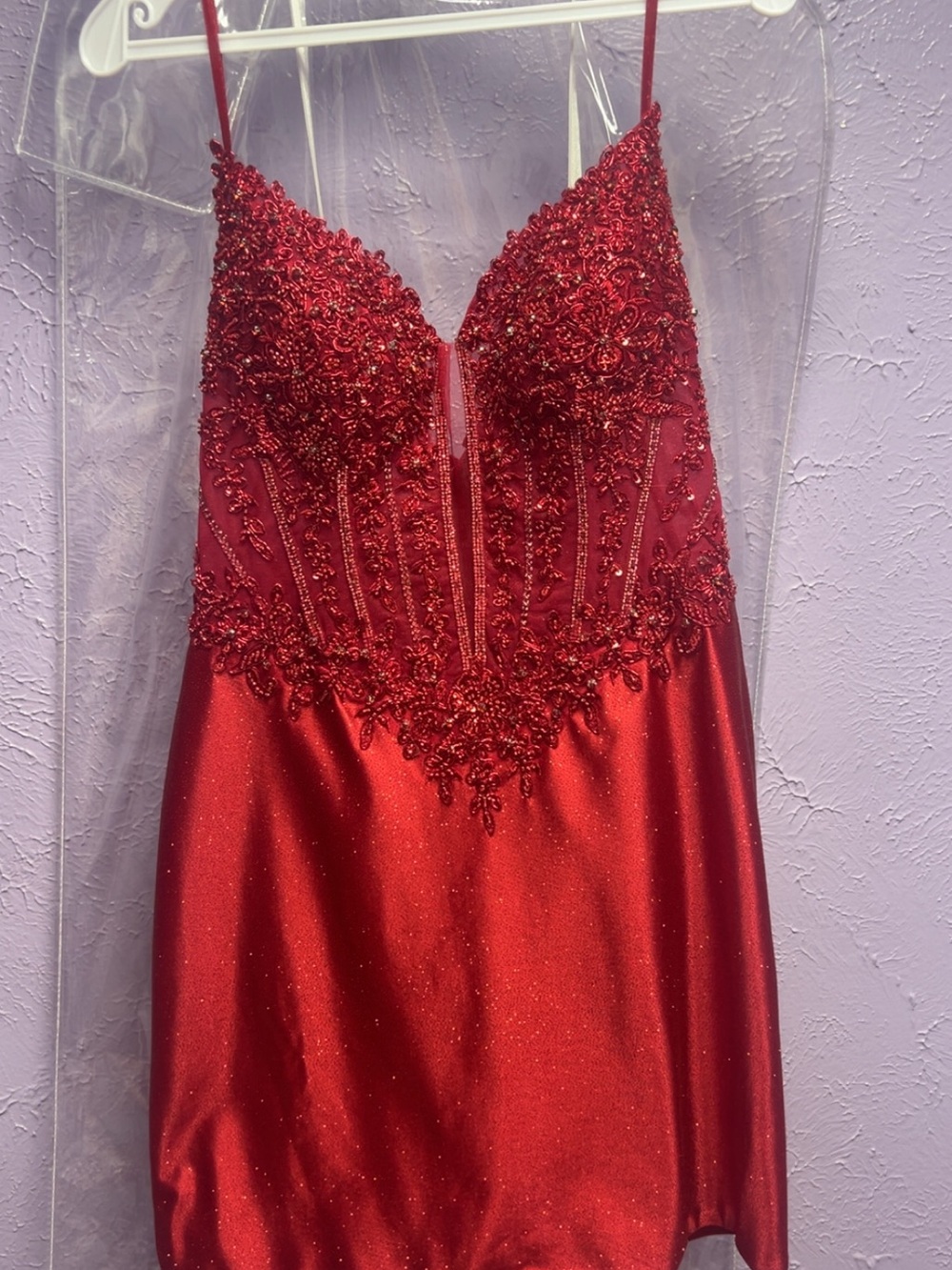 Red Beaded Satin Prom Dress with Embellished Bodice